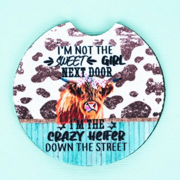 Accessories - NEW! 2 piece Neoprene Car Coaster (crazy heifer)